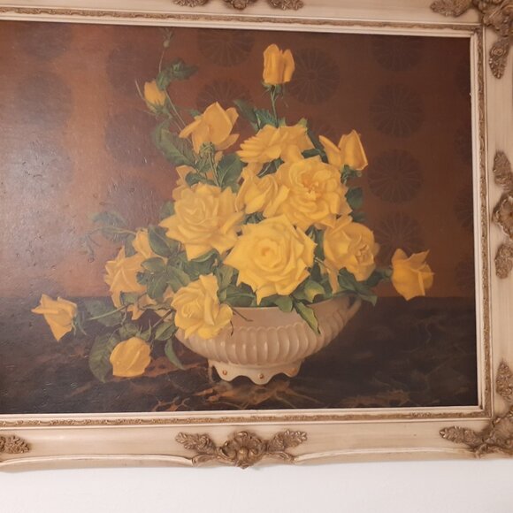 1959 YELLOW ROSE BOUQUET FRAMED PAINTED ART, GORGEOUS - Picture 4 of 16